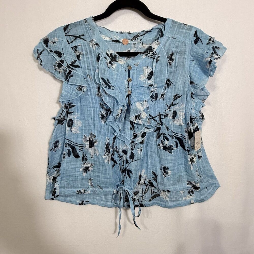 NEW Free People Blue Day Dream Floral Printed Naya Top Blouse XS Ruffle Boho
